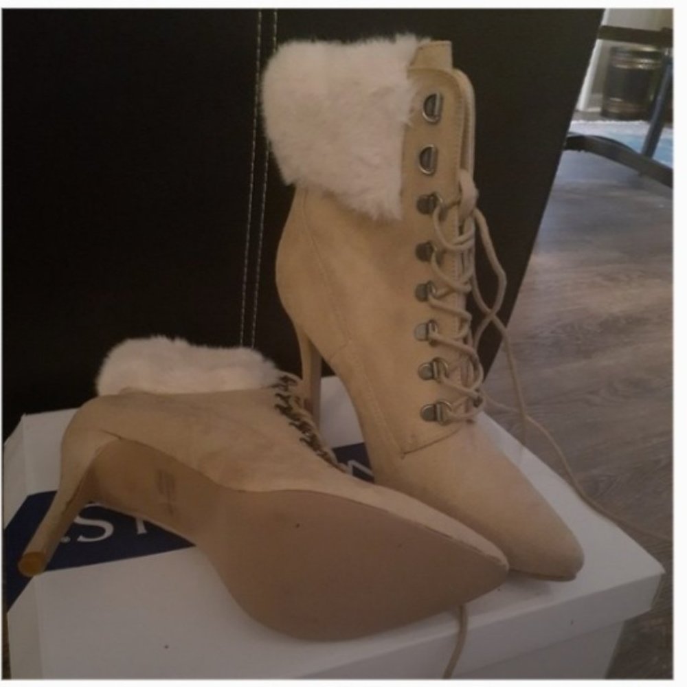 Venus Faux Fur Lace Up Booties - 4 inch heel (Fresh out the box)